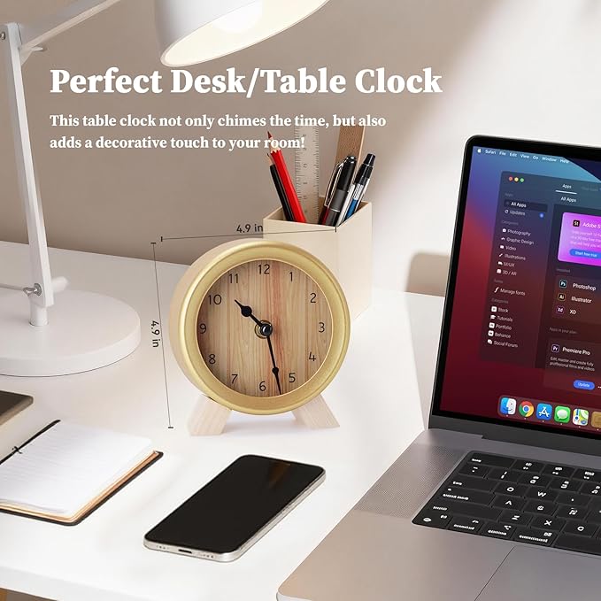 Maxspace Wooden Analog Clock, Small Silent Bedside Desk Clock Battery Operated, Elegant and Decorative Table Clock with Wooden Frame for Living Room, Bedroom, Bedside, Desk (Gold)