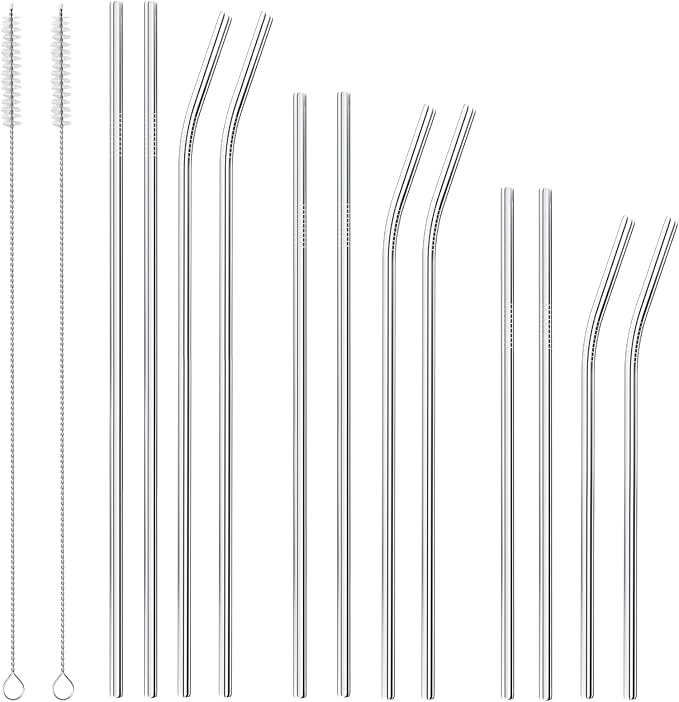 Dsmile Set of 12 Reusable Stainless Steel Straws,0.24'' wide 3 Size - 12.2''10.5''8.5''Long Reusable Straw Chocolate Milk Straws with 2 Cleaning Brush for 10/20/30/40 oz