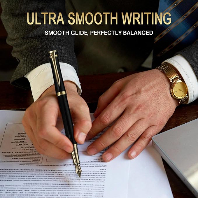 Fountain Pen with Medium Nib | Luxury Black Finish, Smooth Ink Flow, Complete Set with Ink Cartridges, Converter & Sleeve | Ideal for Professionals, Office, Journaling, and Gifts