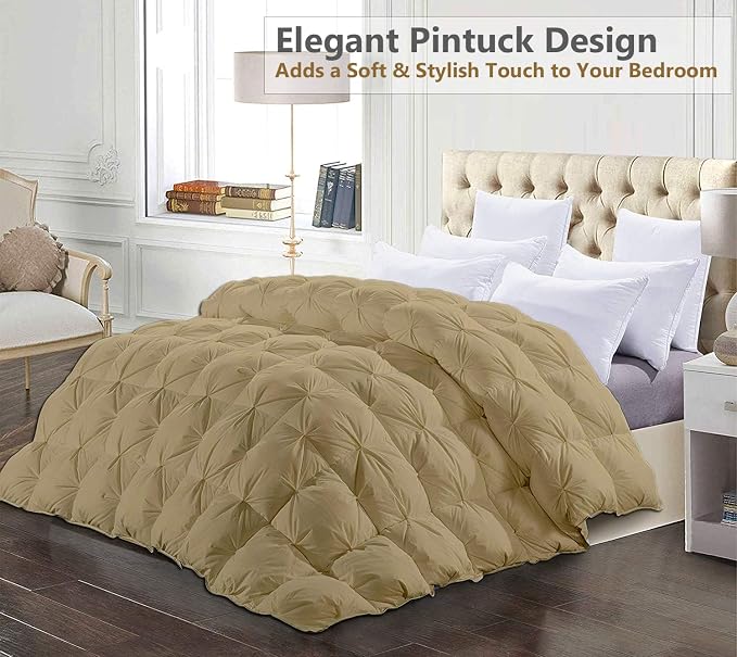 Over King Plus Down Alternative Comforter 128x120 Inch Taupe – 500 GSM Ultra Soft Breathable, Luxury Pintuck Pinch Pleat, All Season Duvet Insert with Corner Tabs, Machine Washable