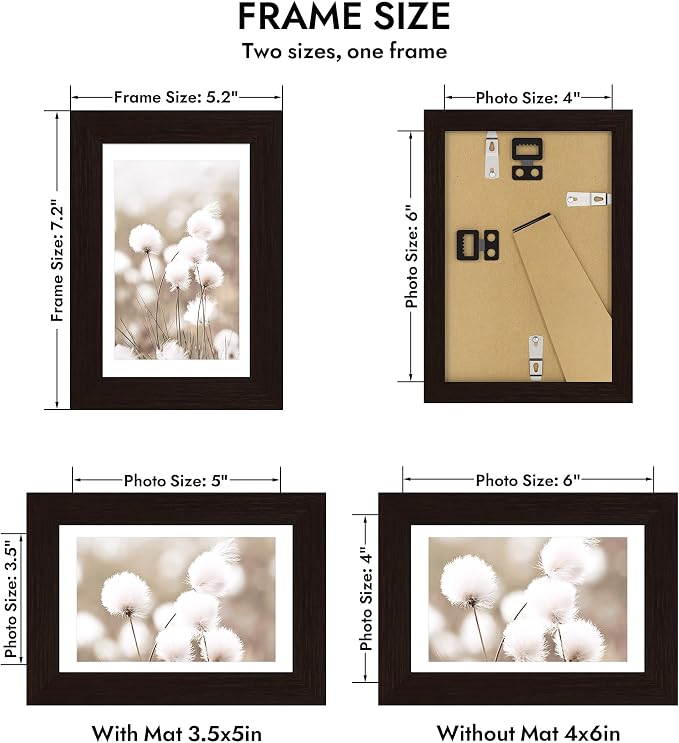 Hongkee 4x6 Oak Wood Picture Frame 1 Pack(Matted 3.5x5), Real Glass Cover | Black, 4 x 6 Solid Wood Frame for Wall or Tabletop Display - Includes Easel Back, Vertical Hang - Ideal for Home, Office