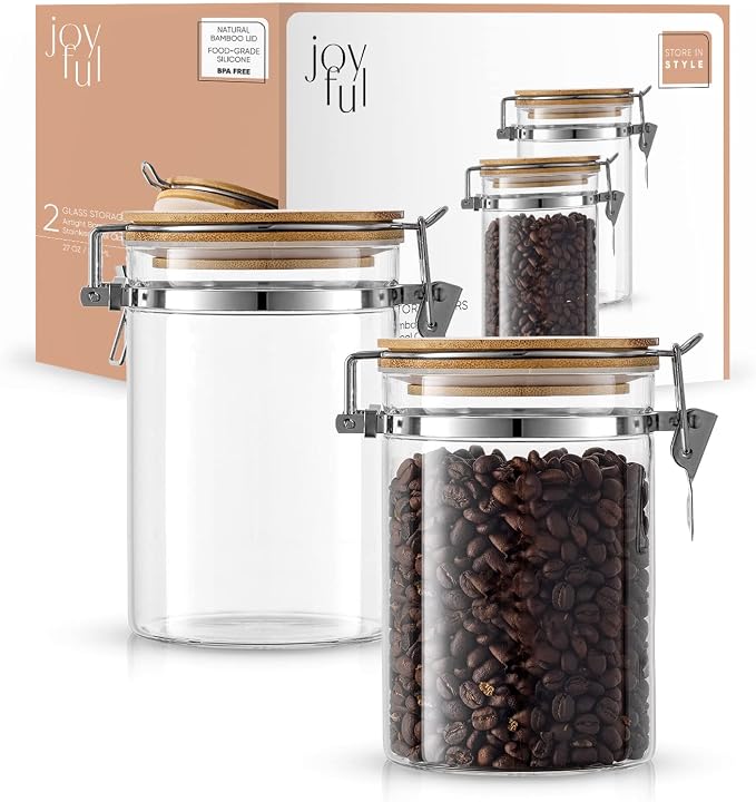 JoyJolt Borosilicate Glass Jars With Bamboo Lids (27oz). 2PC Set of Airtight Storage Jars with Clamp Lids for Pantry Storage. Air Tight Sealable Containers for Kitchen Organization.