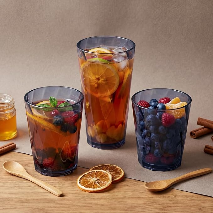 LemonRoad 12 Pack Reusable Plastic Drinking Glasses Set - 20oz & 13.5oz Stackable Tumbler, Shatter-resistant Highball Cups for Water, Cocktail, Iced Coffee, Indoor Outdoor Use, BBQ, Patio, Pool (Grey)