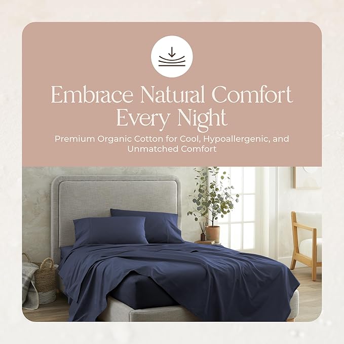 100% Organic Cotton Sheets Queen Size - GOTS Certified Organic Bed Sheets with Deep Pocket 300 Thread Count & Cozy Sateen Weave Gets Softer with Each Wash - Luxury 4 Piece Set (Navy, Queen)