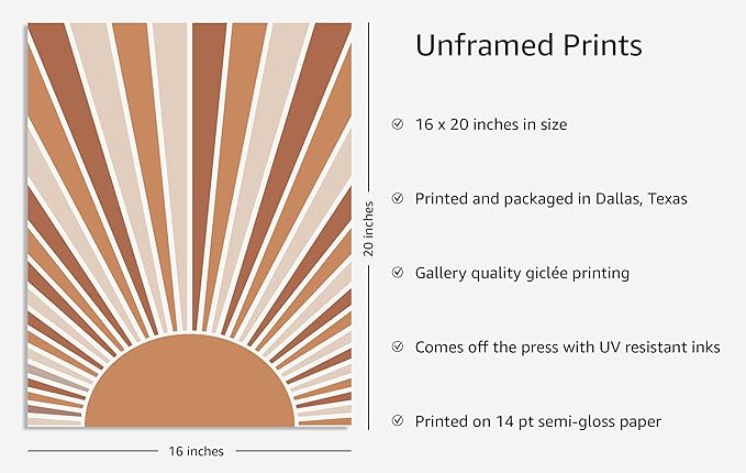 Y2K BOO Boho Rising Sun UNFRAMED Wall Art Sunburst Rays Earth Tones Terracotta Mid Century Modern 16x20 Inch Heavyweight Paper Minimalist Aesthetic Decor