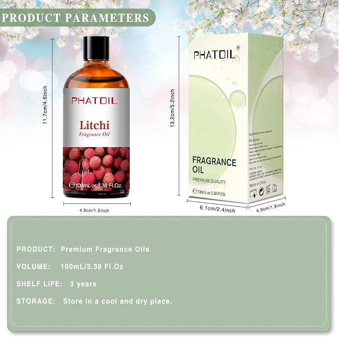 PHATOIL 3.38FL.OZ Litchi Fragrance Oils for Aromatherapy, Essential Oils for Diffusers for Home, Perfect for Diffuser, Yoga, Skin Care, DIY Candle and Soap Making - 100ml