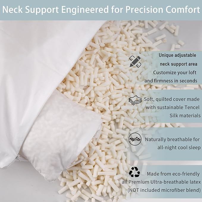 Talatex Talalay Shredded Latex Pillow-100% Natural Latex Premium Pillow with Adjustable Neck Support Area for Back, Stomach or Side Sleepers