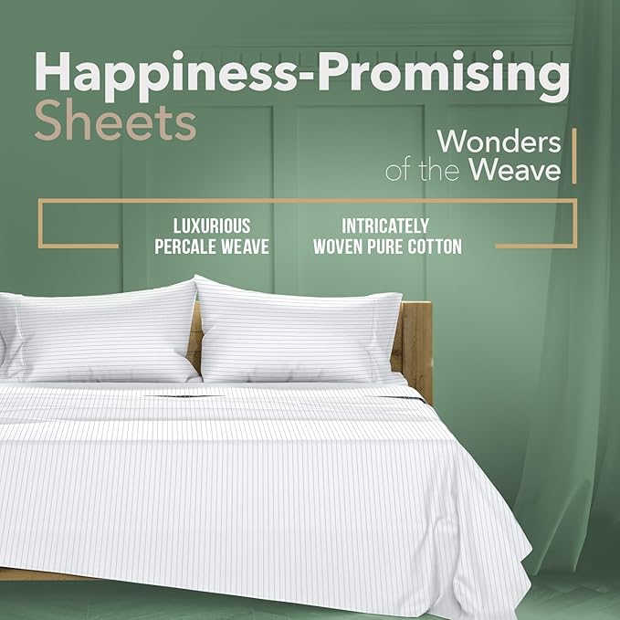 TEXAS LINEN CO. 100% Organic Cotton Percale Sheets Full Size - 4 PC Organic Cotton Full Size Percale Printed Sheet Sets, Soft, Crisp, Cooling Sheets, 16" Deep Pocket Hotel Set - Light Grey Pinstripe