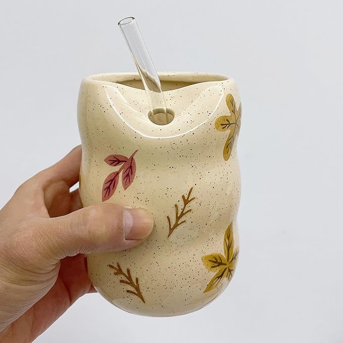Ceramic Coffee Mug with Sip Hole, 13.5 oz Handmade Pottery Mug, No-Handle Modern Ceramic Cup for Daily Coffee & Tea, Office Use, Maple Leaf Design (1 Pack)