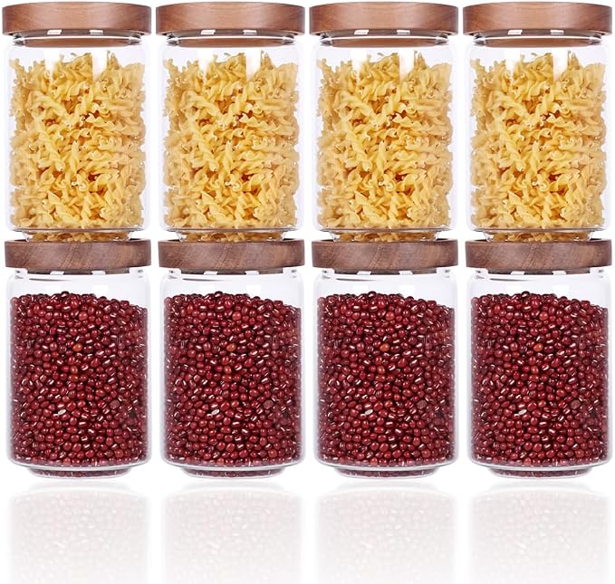 SAIOOL Stackable Kitchen Canisters Set of 8,High Borosilicate Glass Cylinder Airtight Food Storage, sort out the tea, flour, candies, grain easily and clearly | Cylinder Shape, Airtight Food Storage, For Tea, Flour, Candies, Grain, Clear Visibility