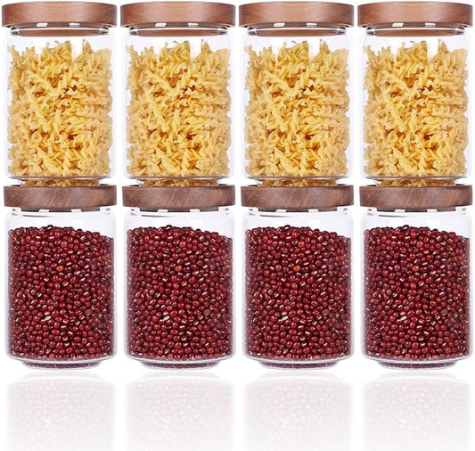 SAIOOL Stackable Kitchen Canisters Set of 8,High Borosilicate Glass Cylinder Airtight Food Storage, sort out the tea, flour, candies, grain easily and clearly | Cylinder Shape, Airtight Food Storage, For Tea, Flour, Candies, Grain, Clear Visibility