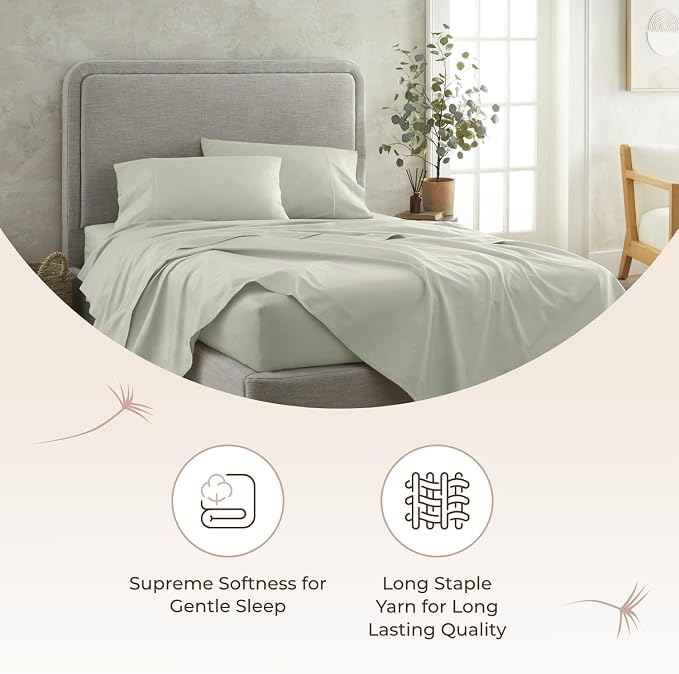 Organic King Fitted Sheet Only Deep Pocket - 100% Organic Cotton Sheets with Breathable 300 Thread Count Sateen Weave GOTS & Fairtrade Certified - Soft Fitted Bed Sheets Only (Pastel Green, King)