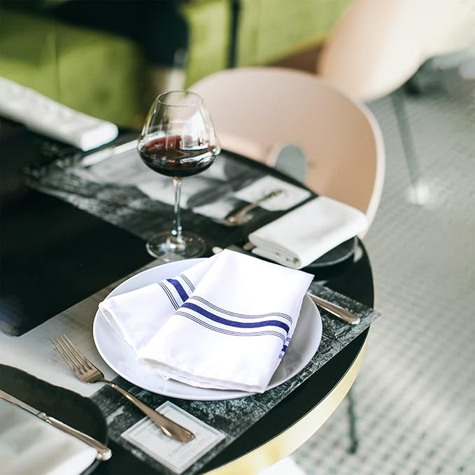 Bistro Restaurant Stripe Cloth Napkins Set of 12 Pack, Commercial Quality 18 x 22 Inches, MJS Linen Dinner Napkins Cloth Washable, Non-Iron, No Fade, Soil Release, Royal Blue Stripes