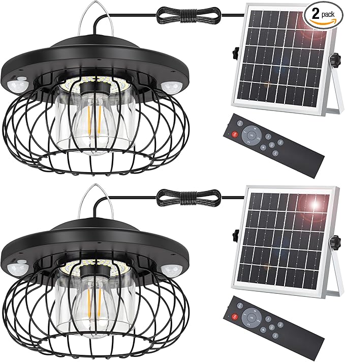 ropelux Solar Shed Light Outdoor Indoor, Bright 2000LM 5 Modes (Daytime Available) Lamp with 3 Color Temps Dual Motion Sensor Remote, Hanging Pendant Lights for Gazebo Barn Garage Shop, 2 Pack