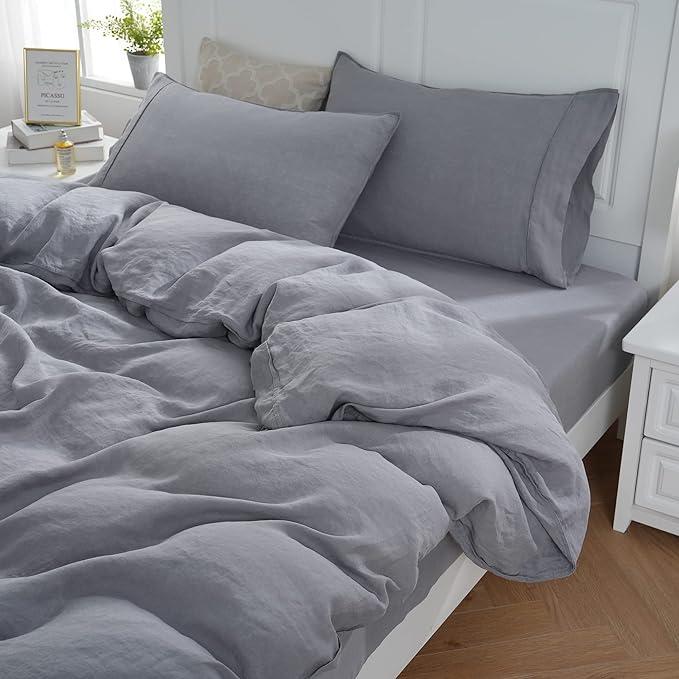 S VICTORY SYMBOL 100% Organic Linen Duvet Cover Set 3pcs Queen Size,Natural French Washed Flax Bedding,GOTS Certified(1 Duvet Cover and 2 Pillowcases) Buttons Closure,Light Grey