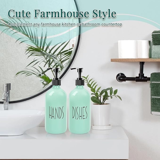 Dish Soap Dispenser for Kitchen - 16 OZ Glass Hand Soap Dispenser Set - Kitchen Bathroom Decor and Accessories (Turquoise Green)