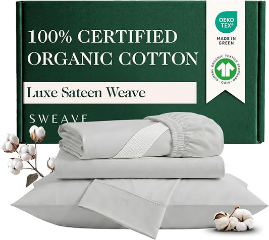 100% Certified Organic Sateen Weave Cotton Sheets Full Size,4Pcs,Light Grey | Luxurious 415 Thread Count, Oeko-Tex Certified, Sateen w/ Hemstitch, 16" Deep Pockets, 360 Double-Elastic & 4 Corner Straps