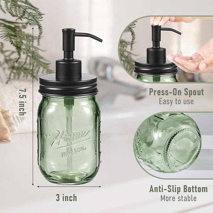 SheeChung Mason Jar Green Glass Soap Dispenser, Stainless Steel Pump, Refillable Dish soap Dispenser for Kitchen, 16Oz Bathroom Hand Soap Dispenser for Lotion, Liquid, Farmhouse Decor-Black, 2 Pack