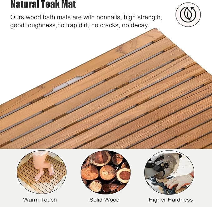Solid Wood Shower Floor Mat - Available in 21”, 24”, 27”, 30”, 33”, 36” Sizes | Deluxe Non-Slip Bamboo Bath Mat with Center Drain Hole for Shower, Sauna, Spa, Yard(21x31in(53.3x78.7cm))