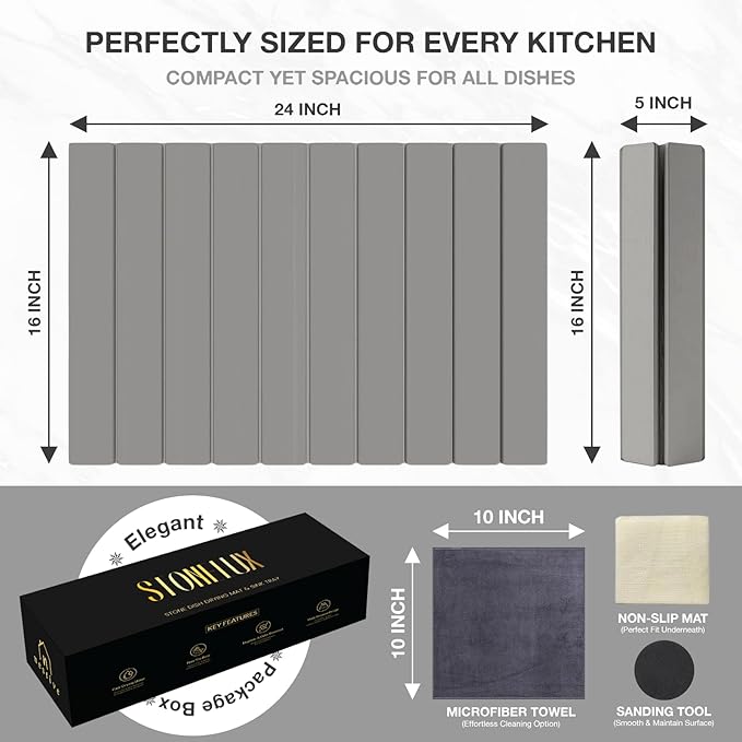 Large Stone Drying Mat for Kitchen Counter | 24"x16" | Fast Drying Collapsible Diatomaceous-Earth Mat | Super Absorbent Folding Mat for Dishes, Bottles, Glass, Heat-Resistant, Non-Slip (Light Gray)