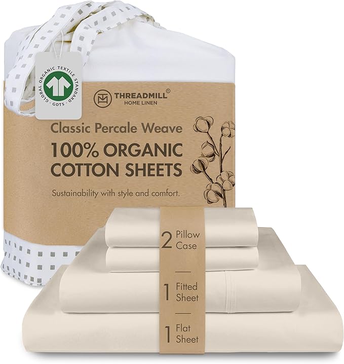 Threadmill Luxury Organic Cotton Sheets - Certified by GOTS - King, 4 Piece, Beige - Breathable - Premium Sheet Set - Smooth and Cool Bedding with Perfect Elastic Deep Pocket Fit