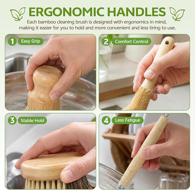 GREENTH PRO 9-Piece Bamboo Dish Brush Set with Natural Coconut Sponges | Dish Brush,Coconut Bottle Brush,Natural Kitchen Cleaning Set