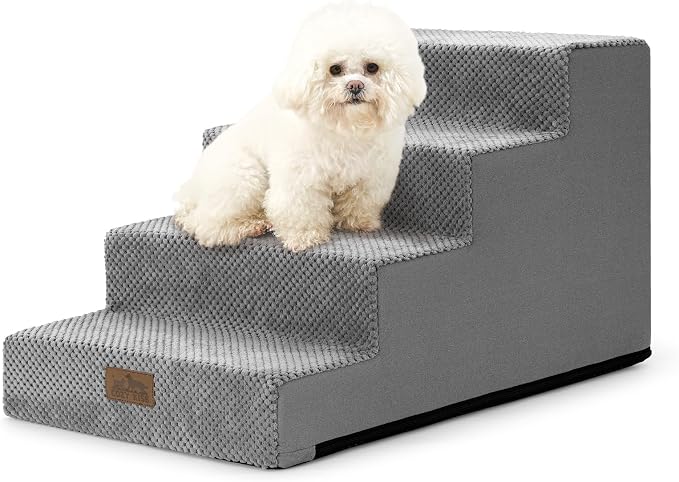 COZY KISS Dog Stairs for Small Dogs 15.7" H, 4-Step Gentle Incline Pet Step for Couch Sofa, Non-Slip Dog Ramp for Puppy Doggie Senior Cats, 15.7x23.6x15.7 Inch, Grey