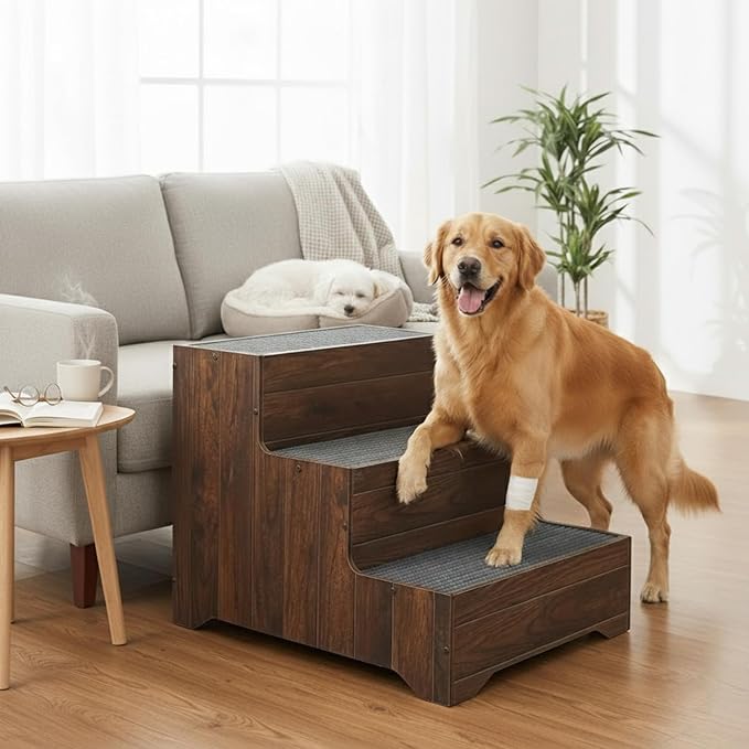 Furniture Dog Stairs for Large Dogs, Wooden Wide Pet Steps, Non-Slip 3-Step Stable Dog Ladder for High Bed,Couch,Sofa – Upgraded Solid Stair for Senior, Injured, Recovering, Short-Legged Pets,Walnut