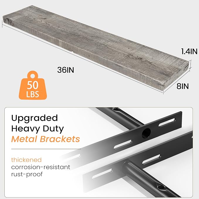 Fun Memories 36 Inch Reclaimed Wood Floating Shelves for Wall, 8 Inch Deep Heavy Duty Rustic Wooden Shelf with Invisible Brackets for Fireplace, Kitchen & Coffee Bar, Grey