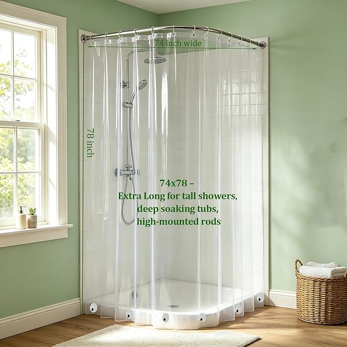Wide and Extra Long Shower Curtain Liner 74 x 78 Inches – Clear Plastic Waterproof 8G Heavy Duty Bathroom Shower Liner with 6 Magnets for Tall Showers, Deep Tubs, Walk‑In Showers, Premium PEVA