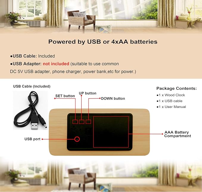 Alarm Clock Modern Wood Digital Clock Snooze LED Desk Clock Display Time Temperature Humidity Brightness Adjustable for Home Kids Bedroom Office(Beige)