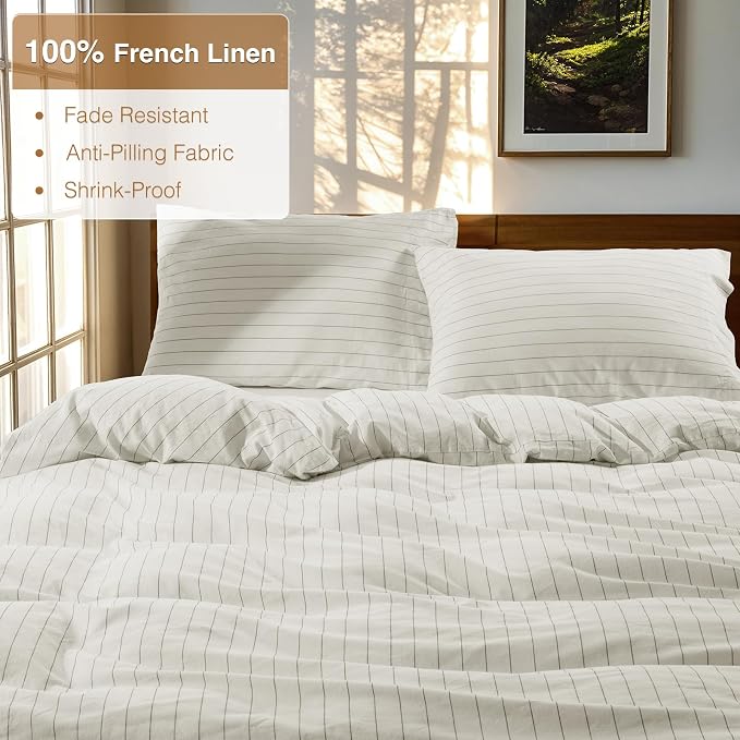SONORO KATE 100% French Linen Duvet Cover King Size, Soft Breathable for Hot Sleepers, Moisture Wicking & Durable Cover Set - Zipper Closure & 4 Corner Ties - 3 PC (White & Dark Grey Stripes)