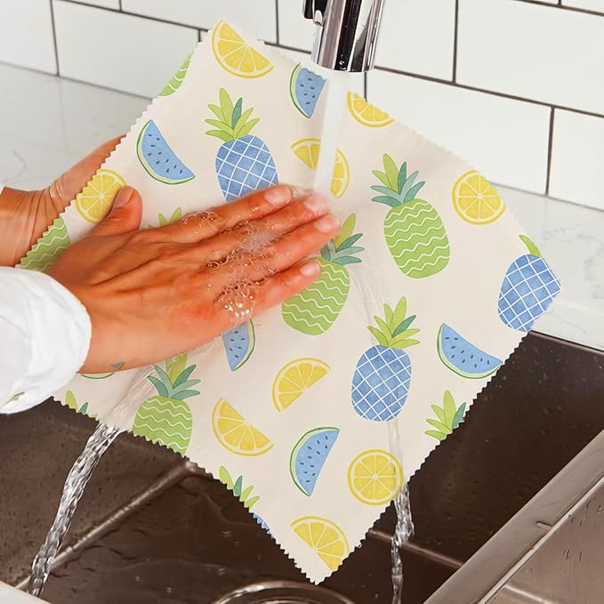 Reusable Beeswax Wraps, 9 Pack Sandwich, Bowl, Bread, Eco-Friendly, Organic, Sustainable, Zero Waste, Plastic-Free, 1XL, 3M, 5S, Fruit Pattern (Strawberry, Lemon, Kiwi, Pineapple)