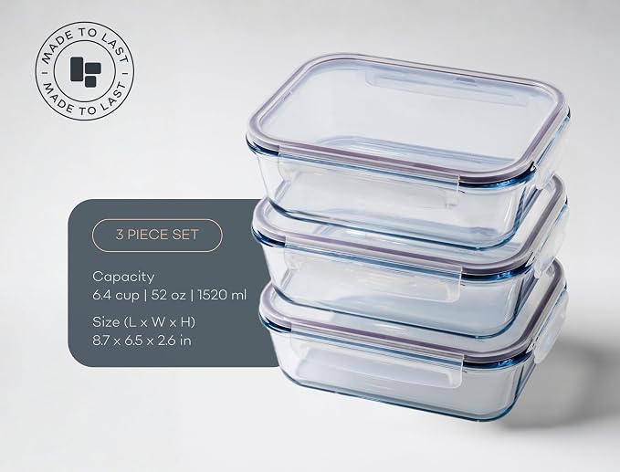 Large Glass Food Storage Containers with Lids | 3 Pack Set 52oz/6.4 cup | Glass Storage Containers with Lids |Non-Toxic & Airtight| Glass Food Containers |Oven, Freezer & Dishwasher Safe
