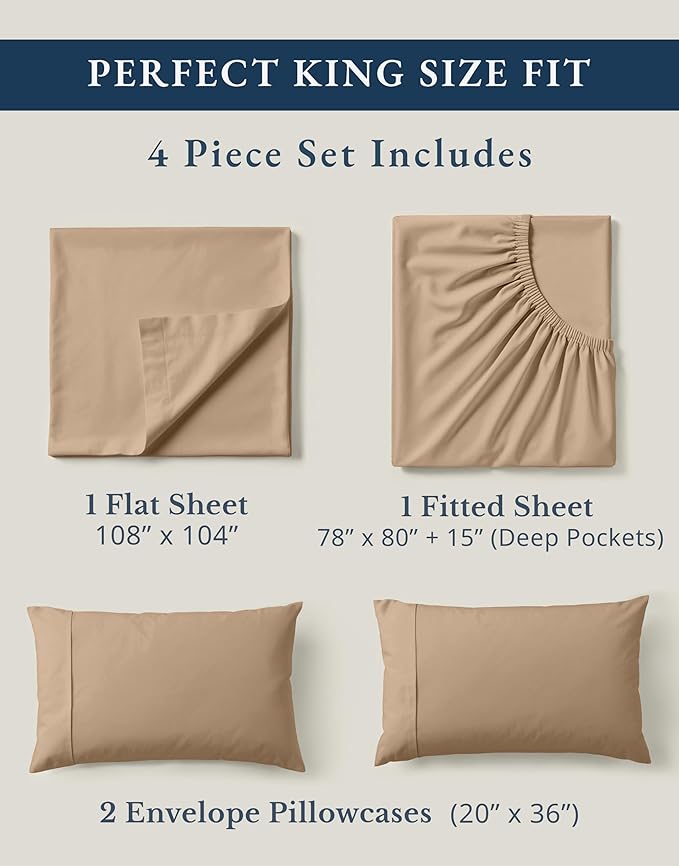 LANE LINEN 100% Organic Cotton Sheets Set, Long- Staple Percale Weave Ultra Soft Best- Bedding Sheets for Bed, GOTS Certified, Fits Mattress Upto 15inch Deep Pocket (King, Taupe)
