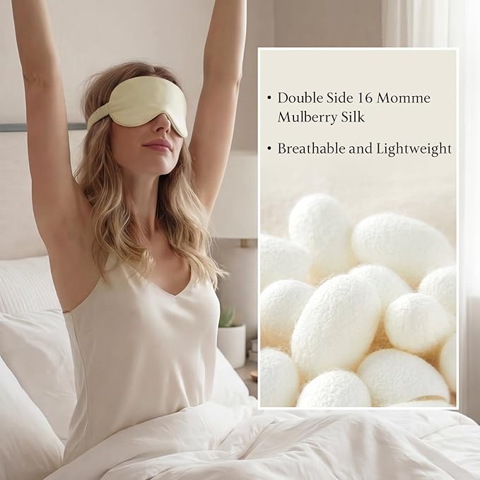 Silk Eye Mask for Sleeping 100% Mulberry Silk Women Men Blindfold,3D Luxury Travel Smooth Elastic Strap Eye Masks Breathable Cooling Soft Night Sleep Work Eyeshade Cover,Beige