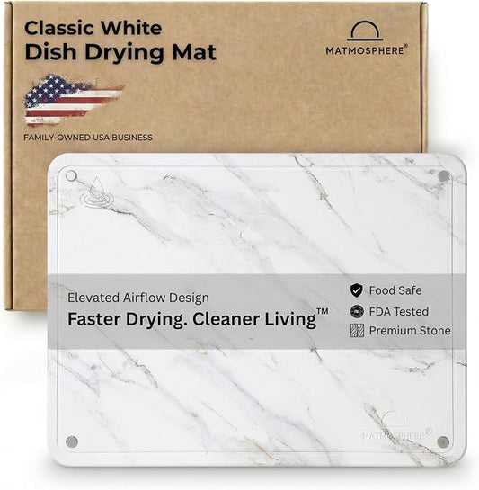 LARGE MATMOSPHERE Stone Dish Drying Mat for Kitchen Counter – Fast Absorbing Diatomaceous Mat with Stainless Steel Legs, Quick Dry, Dish Rack Mat, USA Small Business, 18”x14”, White Marble