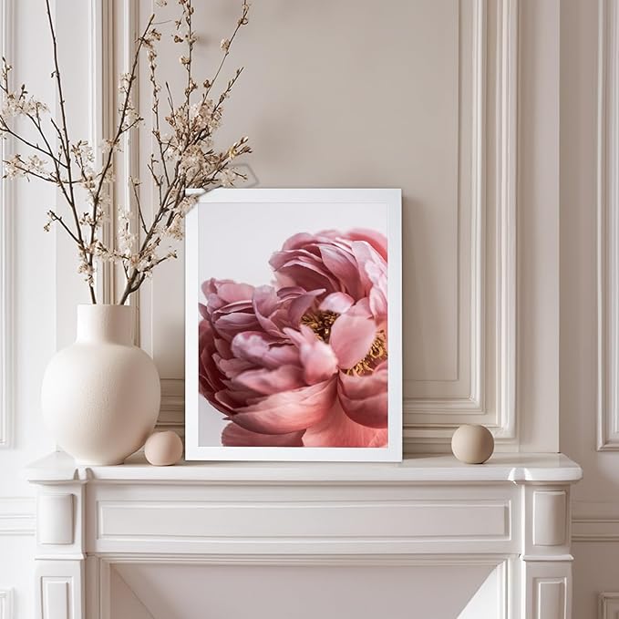 Monem Art Blush Pink Peony Print - Minimalist Floral Photography Poster - Wall Decor for Living Room, Bedroom or Office - 8x10 White Framed Wall Art by Mareike Bohmer