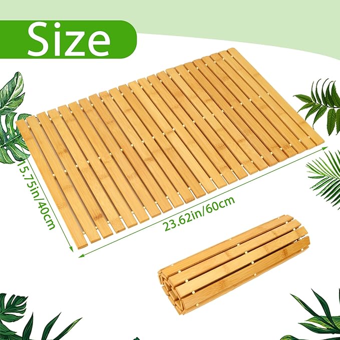 QTLCOHD 2 Pcs Bamboo Bath Mat, Wood Shower Bathroom Mat, 16 x 24 Inch | Non Slip Bathtub Mat, Foldable Waterproof Non Slip Accessories for Floor, Sauna, Spa, Hot Tub