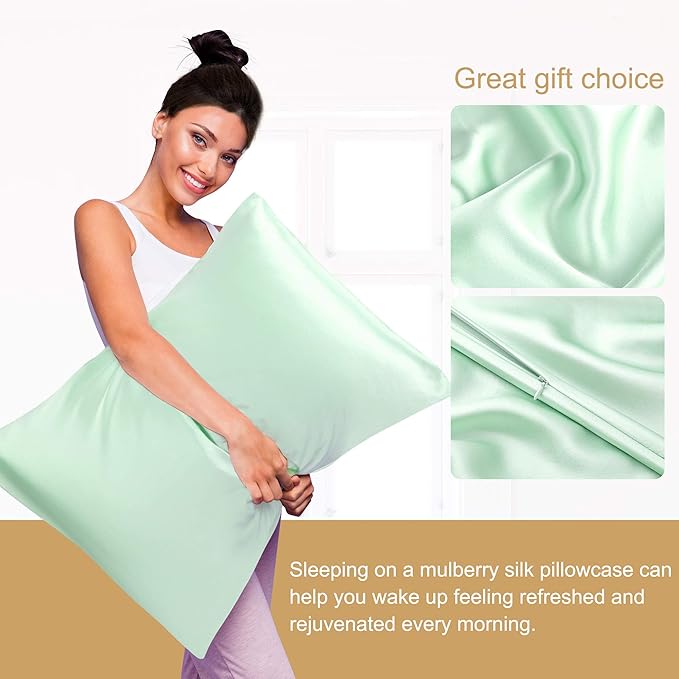 uxcell 1 Pack 100% Charmeuse Pure Silk Pillowcase for Hair and Skin, 350TC 19 Momme Soft Breathable Pillow Case with Hidden Zipper, Light Green Standard(20x26inch)