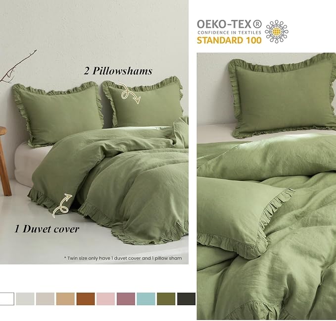 Simple&Opulence 100% Linen Duvet Cover Set, Natural French Flax Sage Green Ruffle Duvet Cover Twin Size, Breathable Comfy Linen Bedding Comforter Cover with 1 Pillowcase (Sage Green, 68" x 86")