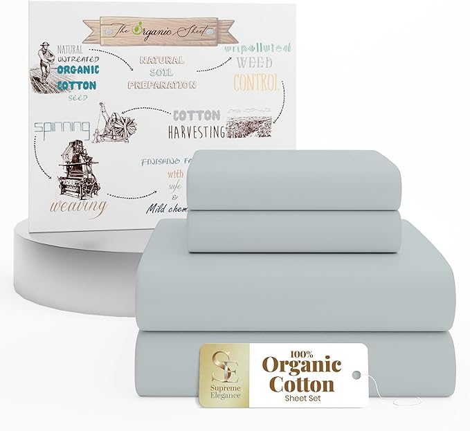 Supreme Elegance 100% Organic Cotton King Size Sheets Set (4Pc), Percale, Crisp, Breathable & Cooling Sheets for Hot Sleepers - Includes 16" Deep Pocket Fitted Sheet - Brushed for Softness - Soft Gray