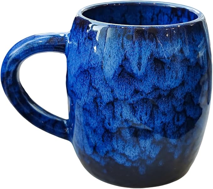 21oz Unique Handmade Ceramic Coffee Mug - Kiln Change Artisan Pottery, Large Handle, Microwave & Dishwasher Safe, Lead-Free Thick Stoneware, Gift for Office, Men & Women (Deep Blue)