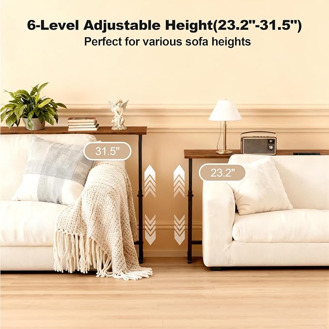 Faesun 70.9 Inch Behind Couch Table, 24"-32" Adjustable Height Range, Behind The Couch Table with Outlet, Adjustable Console Table, Narrow Long Sofa Table, for Living Room, Walnut