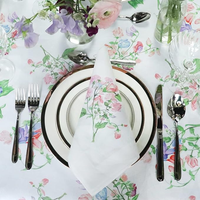 Huddleson Sweet Pea Floral Print Linen Napkin 20x20 (Set of Four) Luxury Italian Linen Napkin Sewn in US