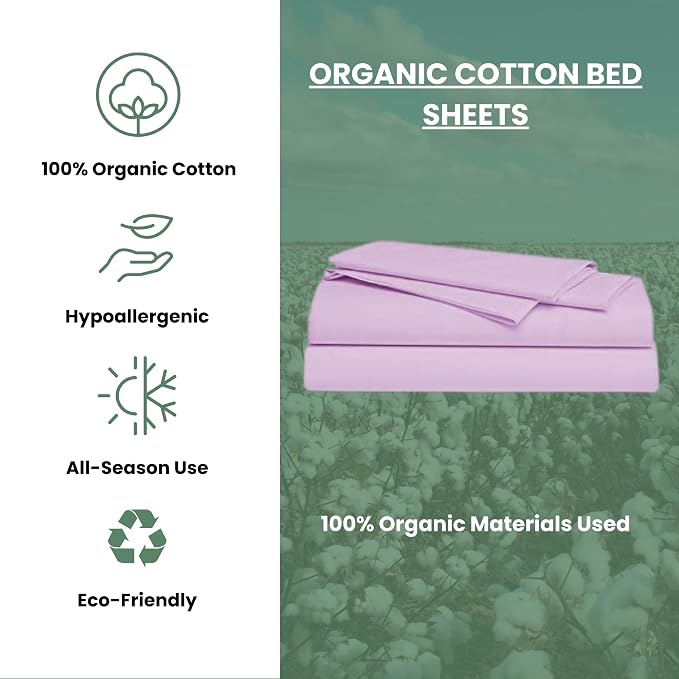 ORGANIC TEXTILES Premium Quality Bed Sheets - Organic Cotton 350 Thread Count - GOTS Certified - Cal King, (4 Pc. Set) - Lilac