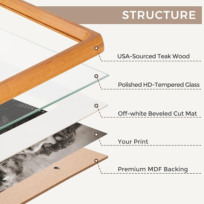4x6 Picture Frame Set of 2, USA-Sourced Teak Wood Photo Frames with HD Tempered Glass, Handcrafted Rounded Corner 4 x 6 Wooden Frame Matted to 3.5x5 Photos, 4x6 Frames, Tabletop or Wall Display
