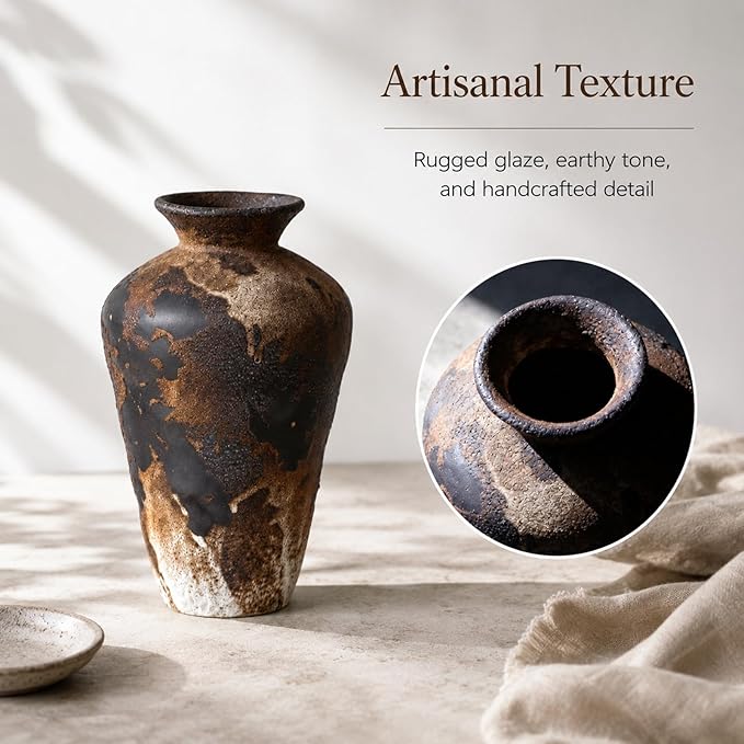Wabi Sabi Vase, 9.1" Wabi Sabi Decor Rustic Vase, Brown Ceramic Vase for Centerpiece, Vintage Farmhouse Decor for Home Decorative, Table, Living Room, Bedroom, Bathroom, Kitchen