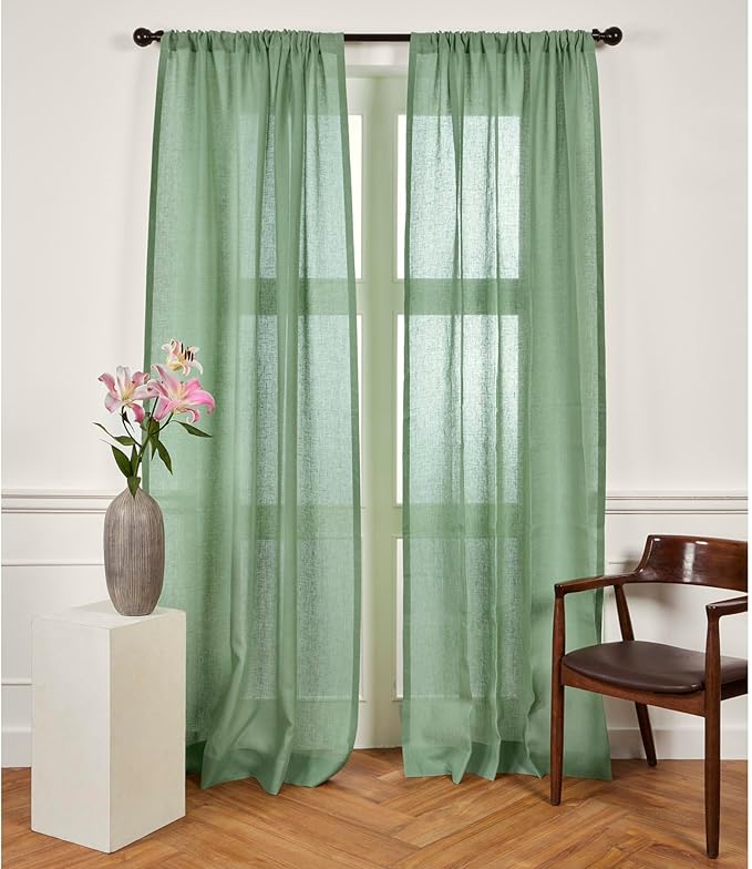 Solino Home European Flax Linen Sheer Curtain 108 Inches Long, 100% Pure Linen Aspen Green 52 x 108 Inch Long Light Filtering Rod Pocket Window Curtains Panel for Living Room, Bedroom - 1 Panel