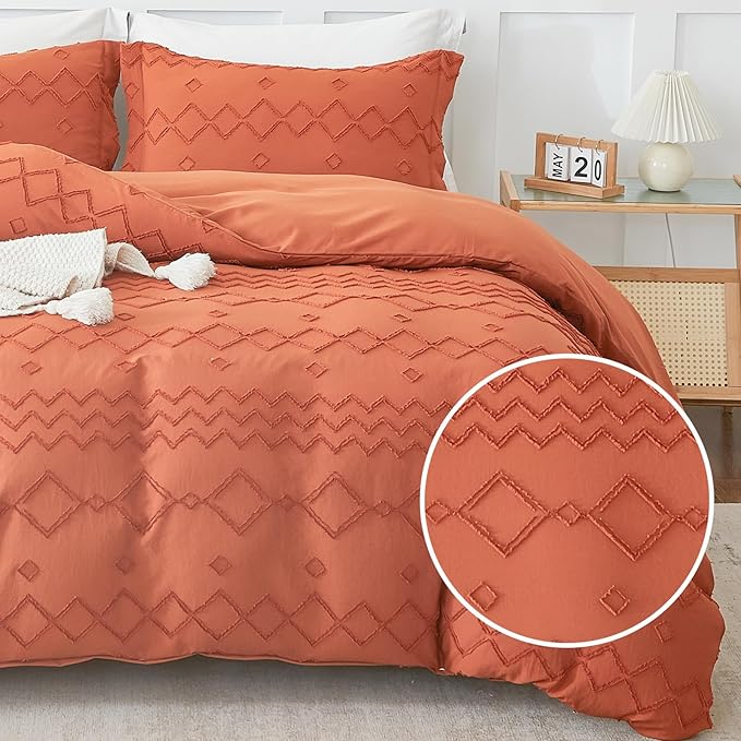 EMME Boho Duvet Cover Twin Size - 2 Pieces Embroidery Shabby Chic Bedding, Tufted Comforter Cover for All Seasons, 1 Duvet Cover + 1 Pillowcase (Pumpkin, Twin)